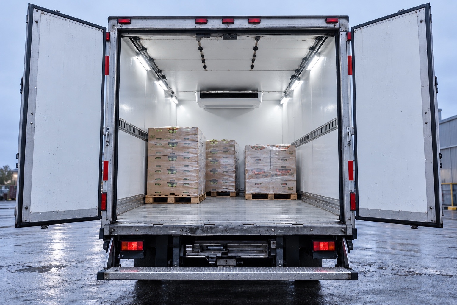 Pallets inside a refrigerated cargo truck