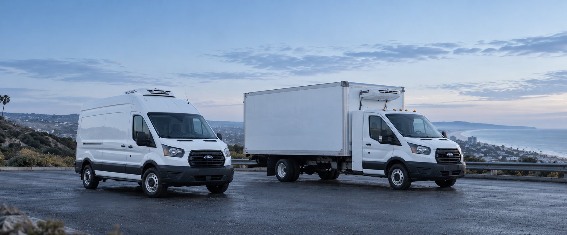 Refrigerated van and box truck on the San Diego coast