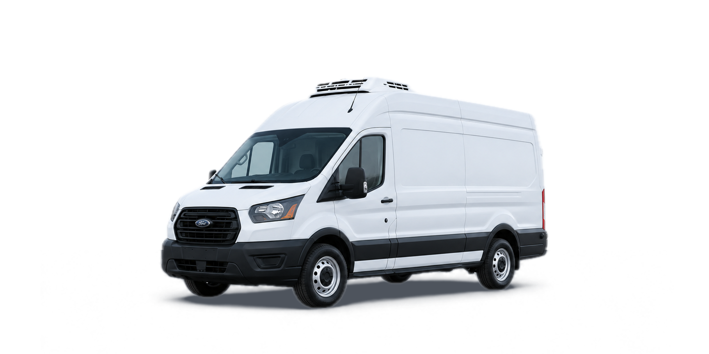 White Ford Transit high-roof refrigerated van